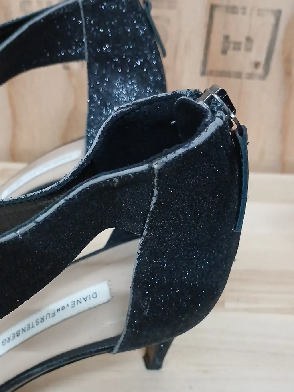 Diane Von Furstenberg Black Glitter Ankle-Strap Stiletto Heels Size 7.5 B